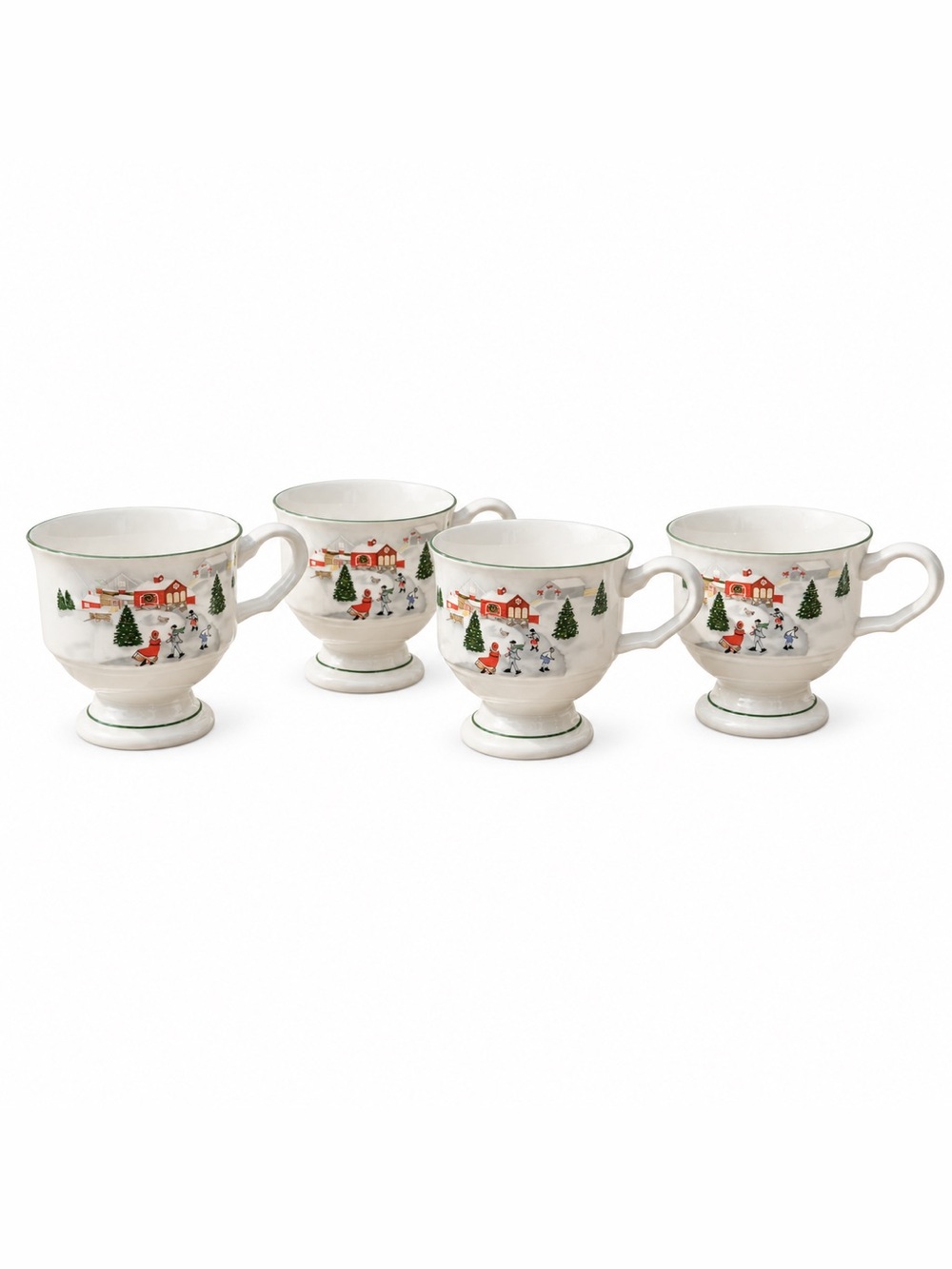 Vintage Sango Silent Night 3900 Set 4 Footed Mugs Christmas Skaters Joan Luntz